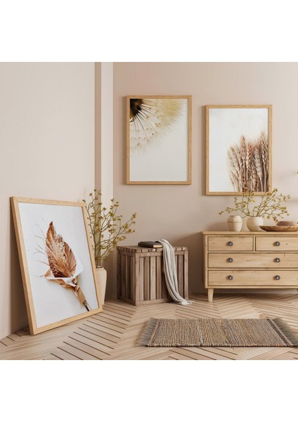 Ahşap Çerçeveli Minimalist Doğal Botanik Formlar Üçlü Ahşap Tablo Seti