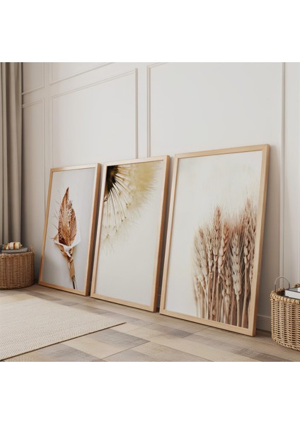 Ahşap Çerçeveli Minimalist Doğal Botanik Formlar Üçlü Ahşap Tablo Seti fiyatları