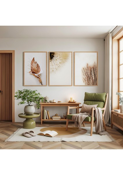 Ahşap Çerçeveli Minimalist Doğal Botanik Formlar Üçlü Ahşap Tablo Seti modelleri