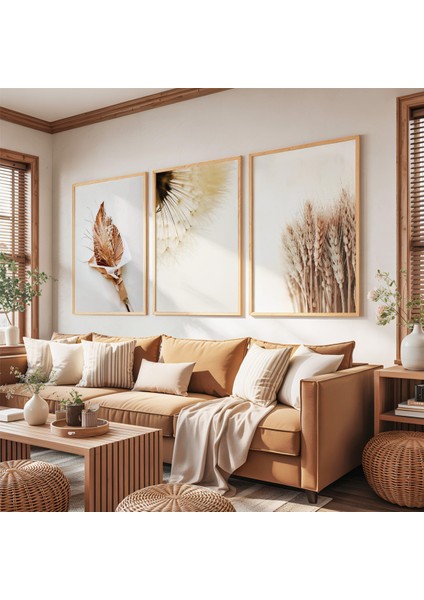 Ahşap Çerçeveli Minimalist Doğal Botanik Formlar Üçlü Ahşap Tablo Seti fırsatları