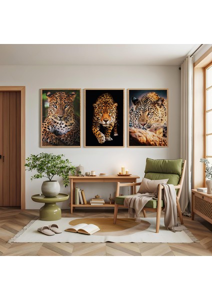 Ahşap Çerçeveli Leopar Portreleri Üçlü Ahşap Tablo Seti modelleri