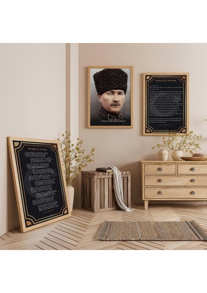 Ahşap Çerçeveli Atatürk Istiklal Marşı ve Gençliğe Hitabe Üçlü Ahşap Tablo Seti
