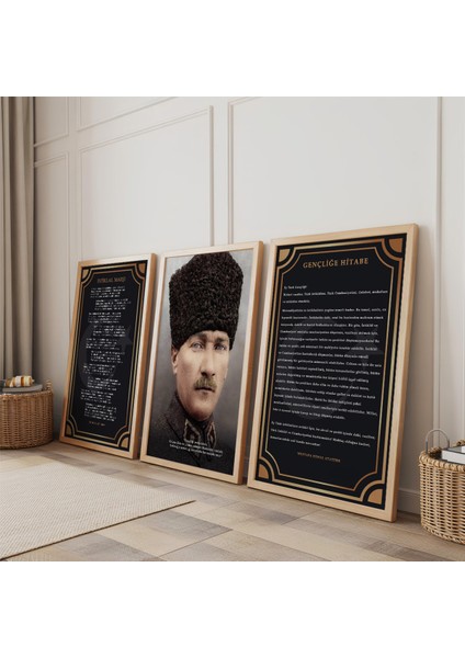 Ahşap Çerçeveli Atatürk Istiklal Marşı ve Gençliğe Hitabe Üçlü Ahşap Tablo Seti fiyatları