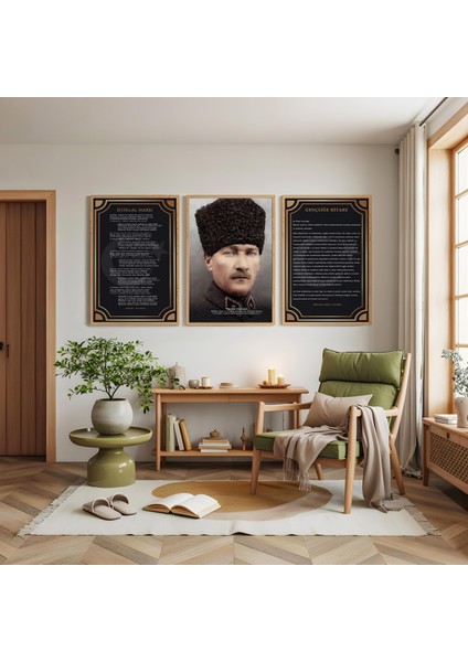 Ahşap Çerçeveli Atatürk Istiklal Marşı ve Gençliğe Hitabe Üçlü Ahşap Tablo Seti modelleri