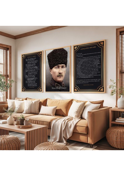 Ahşap Çerçeveli Atatürk Istiklal Marşı ve Gençliğe Hitabe Üçlü Ahşap Tablo Seti fırsatları