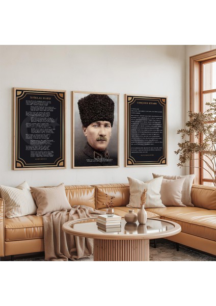 Ahşap Çerçeveli Atatürk Istiklal Marşı ve Gençliğe Hitabe Üçlü Ahşap Tablo Seti indirimleri