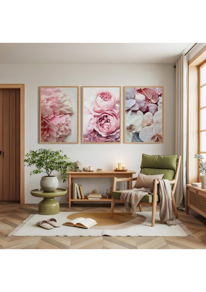 Ahşap Çerçeveli Pembe Güller Üçlü Ahşap Tablo Seti modelleri