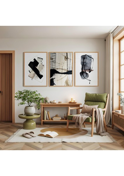 Ahşap Çerçeveli Siyahın Dansı Üçlü Ahşap Tablo Seti modelleri