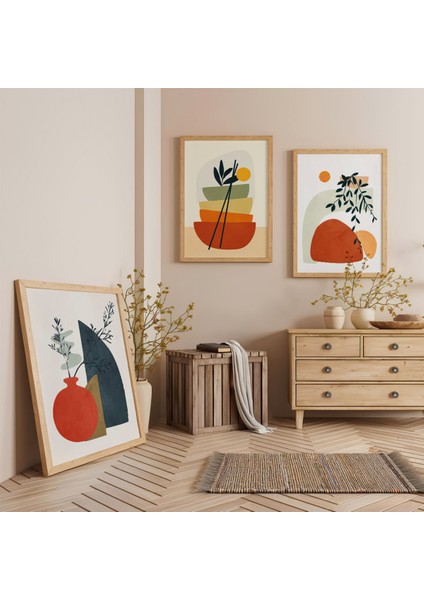 Ahşap Çerçeveli Modern Minimalizm Üçlü Ahşap Tablo Seti