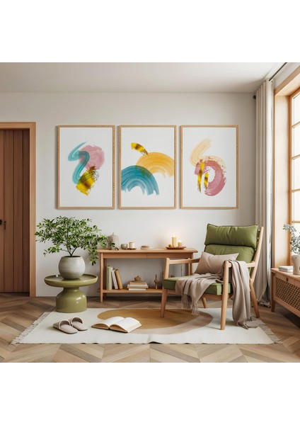 Ahşap Çerçeveli Renklerin Dansı Üçlü Ahşap Tablo Seti modelleri