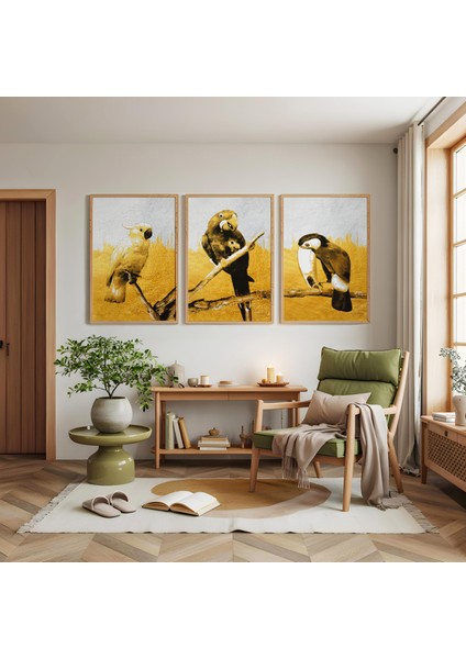 Ahşap Çerçeveli Kuşların Işıltısı Üçlü Ahşap Tablo Seti modelleri