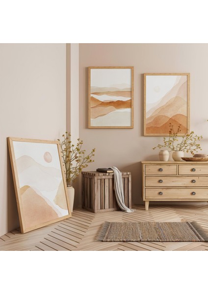 Ahşap Çerçeveli Pastel Manzaralar Üçlü Ahşap Tablo Seti