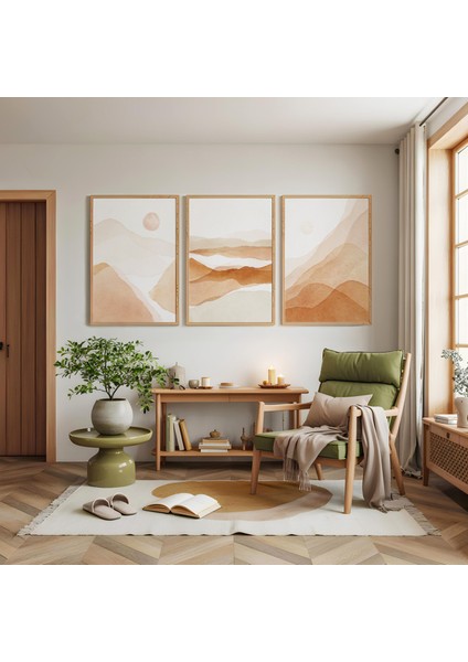 Ahşap Çerçeveli Pastel Manzaralar Üçlü Ahşap Tablo Seti modelleri