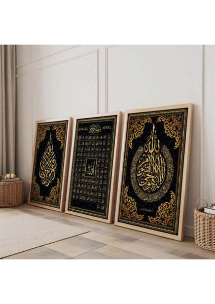 Ahşap Çerçeveli Esmaül Hüsna Dini Üçlü Ahşap Tablo Seti fiyatları