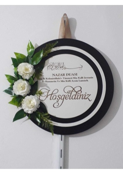 Ahşap ve Pleksili Kapı Süsü Çiçekli 28 cm Ölçüde Duvar Dekoru Krem