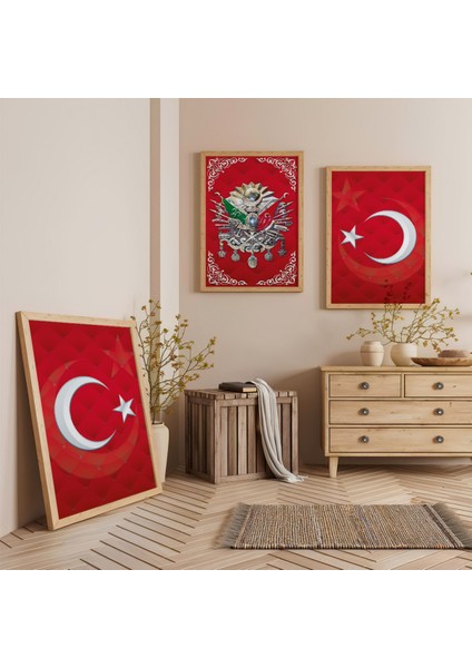 Ahşap Çerçeveli Kırmızı Arka Planlı Gold Desenli Osmanlı Tuğrası Üçlü Ahşap Tablo Seti