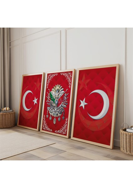 Ahşap Çerçeveli Kırmızı Arka Planlı Gold Desenli Osmanlı Tuğrası Üçlü Ahşap Tablo Seti fiyatları