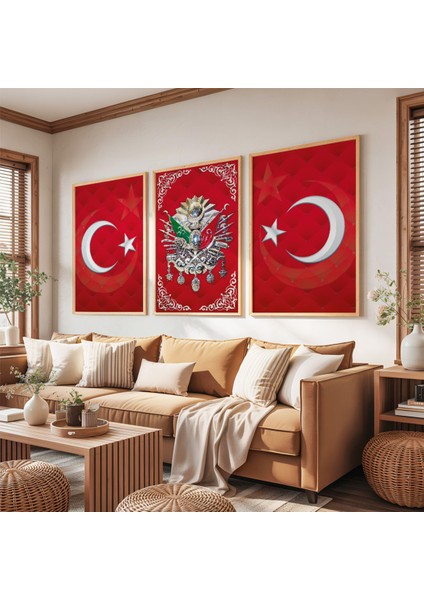 Ahşap Çerçeveli Kırmızı Arka Planlı Gold Desenli Osmanlı Tuğrası Üçlü Ahşap Tablo Seti fırsatları