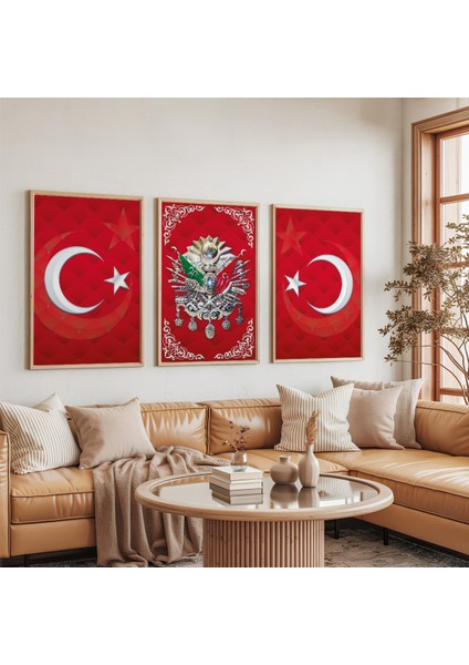 Ahşap Çerçeveli Kırmızı Arka Planlı Gold Desenli Osmanlı Tuğrası Üçlü Ahşap Tablo Seti indirimleri