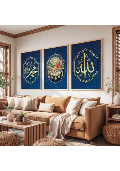 Ahşap Çerçeveli Osmanlı Tuğrası ve Allah Muhammed Lafzı Üçlü Ahşap Tablo Seti fırsatları