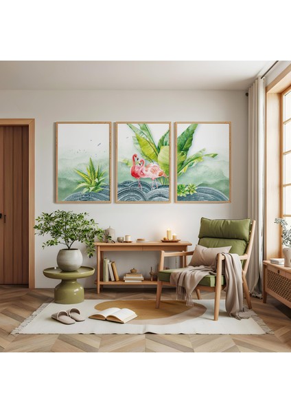 Ahşap Çerçeveli Flamingo Üçlü Ahşap Tablo Seti modelleri