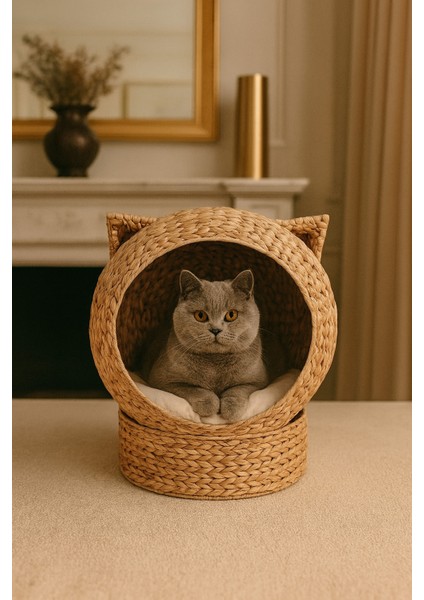 Dekoratif Kulaklı Minderli Hasır Kedi Köpek Yatağı Sepet