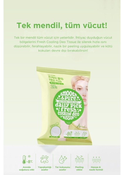 Smooth & Pure Fresh Cooling Deo Tissue (20 Pcs) - Cilt Serinletici, Turunçgil Kokulu & Multi Fonksiyonel Vegan Deodorant Mendil indirimleri