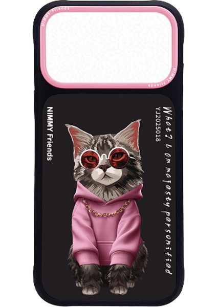 iPhone 17 Pro Uyumlu 3D Gözlük Kedi Kıyafet Detaylı Nakış Işlemeli Kabartmalı Cool Glasses Kılıf