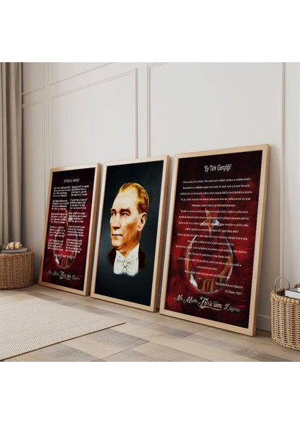 Ahşap Çerçeveli Atatürk Istiklal Marşı ve Gençliğe Hitabe Üçlü Ahşap Tablo Seti fiyatları