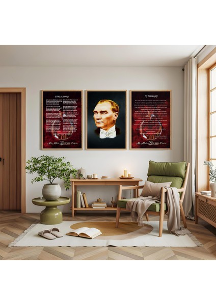 Ahşap Çerçeveli Atatürk Istiklal Marşı ve Gençliğe Hitabe Üçlü Ahşap Tablo Seti modelleri