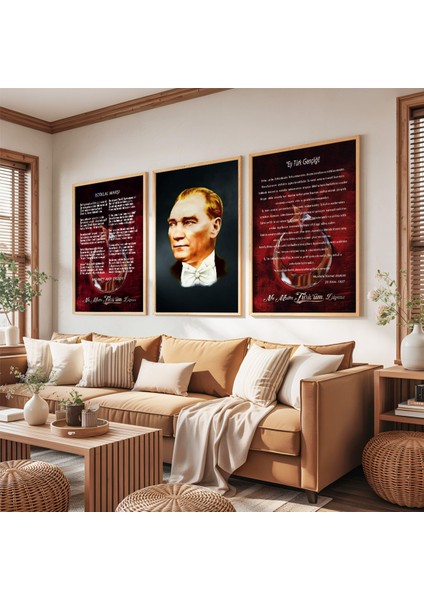 Ahşap Çerçeveli Atatürk Istiklal Marşı ve Gençliğe Hitabe Üçlü Ahşap Tablo Seti fırsatları