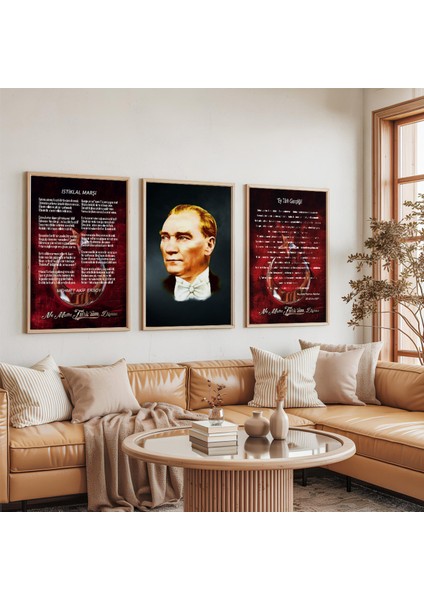 Ahşap Çerçeveli Atatürk Istiklal Marşı ve Gençliğe Hitabe Üçlü Ahşap Tablo Seti indirimleri