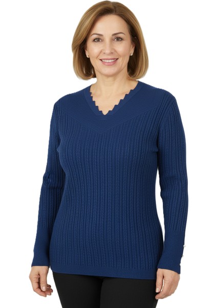 Kadın Kışlık Anne Kazak V Yaka Pamuklu Kardelen Örme Esnek Rahat Kesim Tam Kalıp