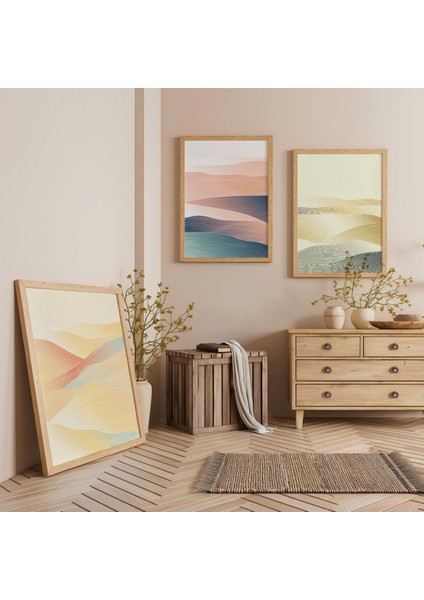 Ahşap Çerçeveli Pastel Tepeler Üçlü Ahşap Tablo Seti