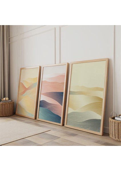 Ahşap Çerçeveli Pastel Tepeler Üçlü Ahşap Tablo Seti fiyatları