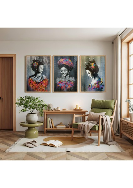 Ahşap Çerçeveli Güzel Kadınlar Üçlü Ahşap Tablo Seti modelleri