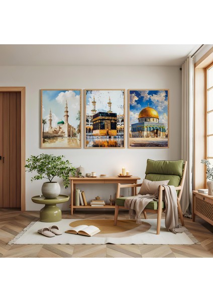 Ahşap Çerçeveli Kabe Mescidi Aksa ve Nebevi Üçlü Ahşap Tablo Seti modelleri