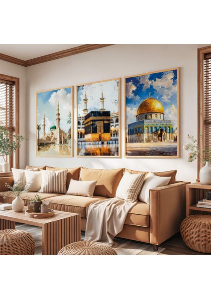 Ahşap Çerçeveli Kabe Mescidi Aksa ve Nebevi Üçlü Ahşap Tablo Seti fırsatları