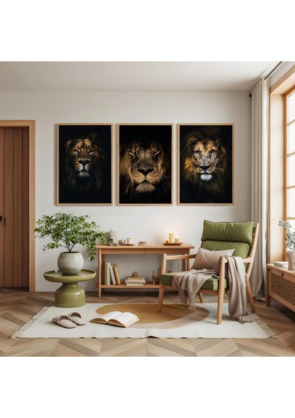 Ahşap Çerçeveli Ormalar Kralı Aslan Üçlü Ahşap Tablo Seti modelleri