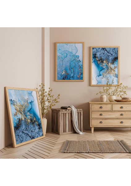 Ahşap Çerçeveli Mavi Dalgalar Modren Üçlü Ahşap Tablo Seti