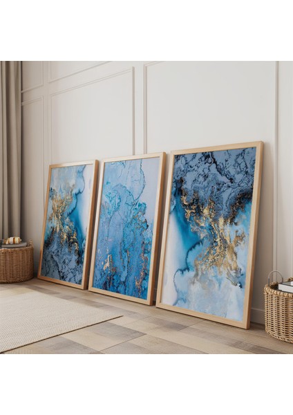 Ahşap Çerçeveli Mavi Dalgalar Modren Üçlü Ahşap Tablo Seti fiyatları