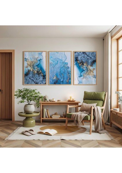 Ahşap Çerçeveli Mavi Dalgalar Modren Üçlü Ahşap Tablo Seti modelleri