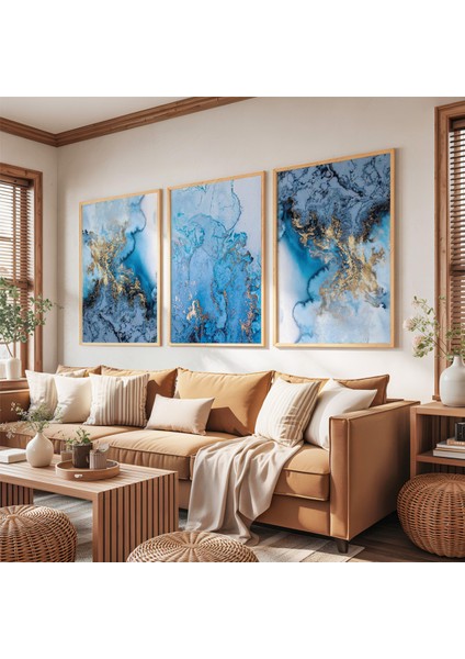 Ahşap Çerçeveli Mavi Dalgalar Modren Üçlü Ahşap Tablo Seti fırsatları