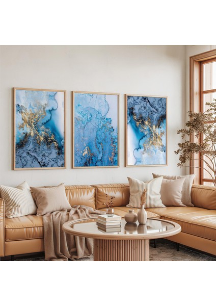 Ahşap Çerçeveli Mavi Dalgalar Modren Üçlü Ahşap Tablo Seti indirimleri