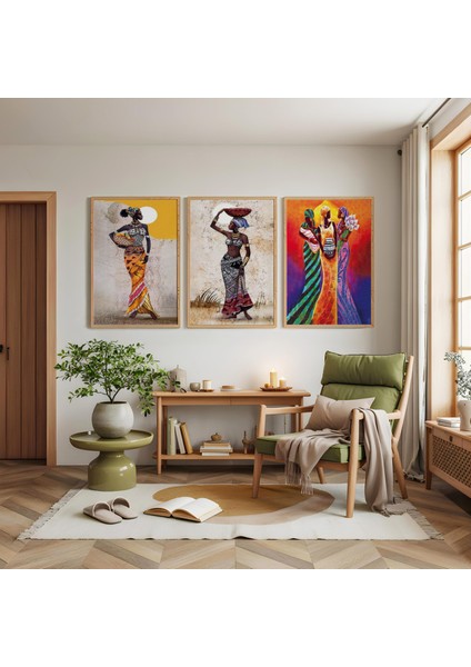 Ahşap Çerçeveli Afrikalı Kadınlar Üçlü Ahşap Tablo Seti modelleri