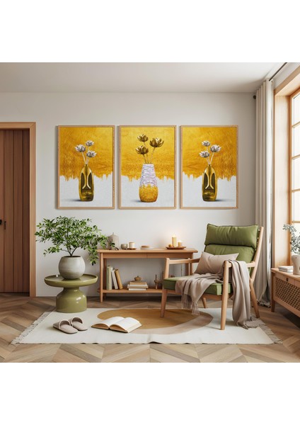 Ahşap Çerçeveli Altın Vazo Hikayesi Üçlü Ahşap Tablo Seti modelleri