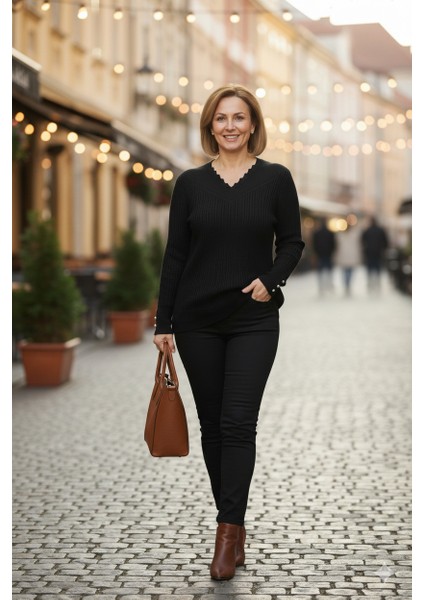 Kadın Kışlık Anne Kazak V Yaka Pamuklu Kardelen Örme Esnek Rahat Kesim Tam Kalıp fırsatları