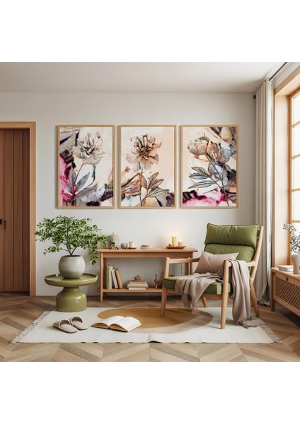 Ahşap Çerçeveli Pastel Bahar Üçlü Ahşap Tablo Seti modelleri