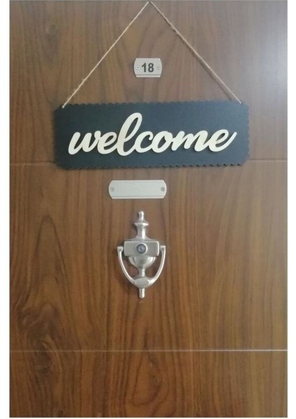 Welcome Kapı Süsü Ahşap Kapı Süsü Dekoratif Süs Duvar Süsü 10*20 cm Ölçüde Siyah