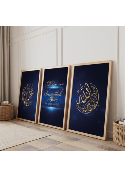 Ahşap Çerçeveli Hz Muhammed ve Allah Lafzı Dini Üçlü Ahşap Tablo Seti fiyatları